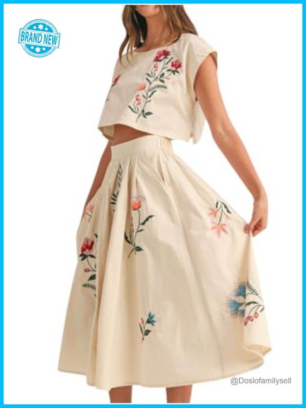 Floral Embroidered 2 Piece Tank Top and Skirt Set Loose Fit Cotton Blend Boho